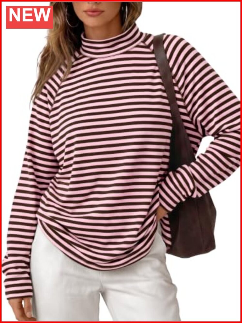Striped Long Sleeve Mock Neck Cotton Blend T-Shirt
